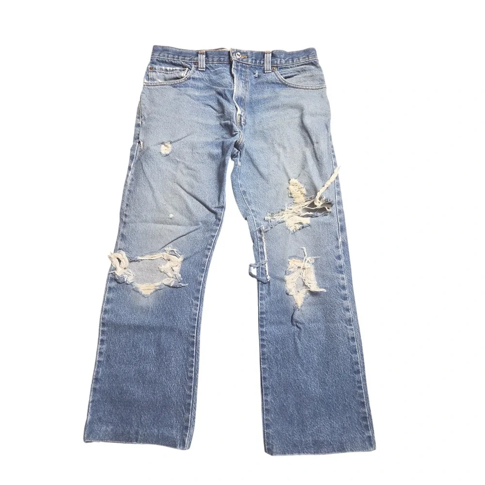 Levi's 517 Bootcut Jeans 33x29 Distressed Medium Wash Denim Streetwear Thrashed